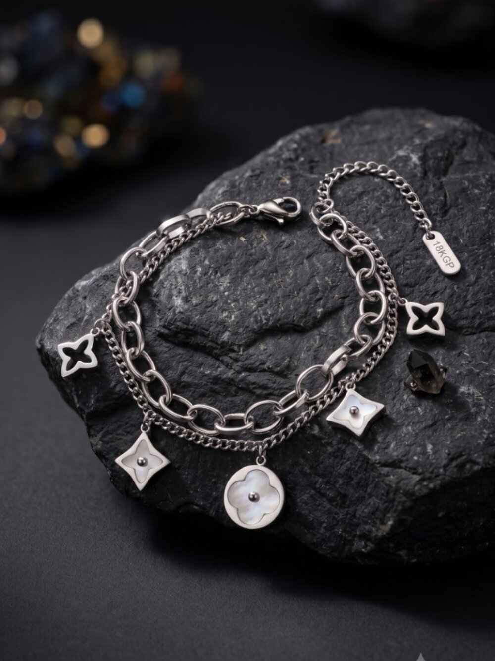 18K White Gold SS MOP Geometric Charm Bracelet Double Chain Quiet Luxury Adj - Picture 5 of 13